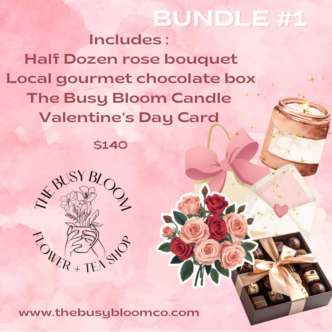 Promotional image of a Valentine's Day gift bundle with flowers, chocolate, and candle on a pink background.