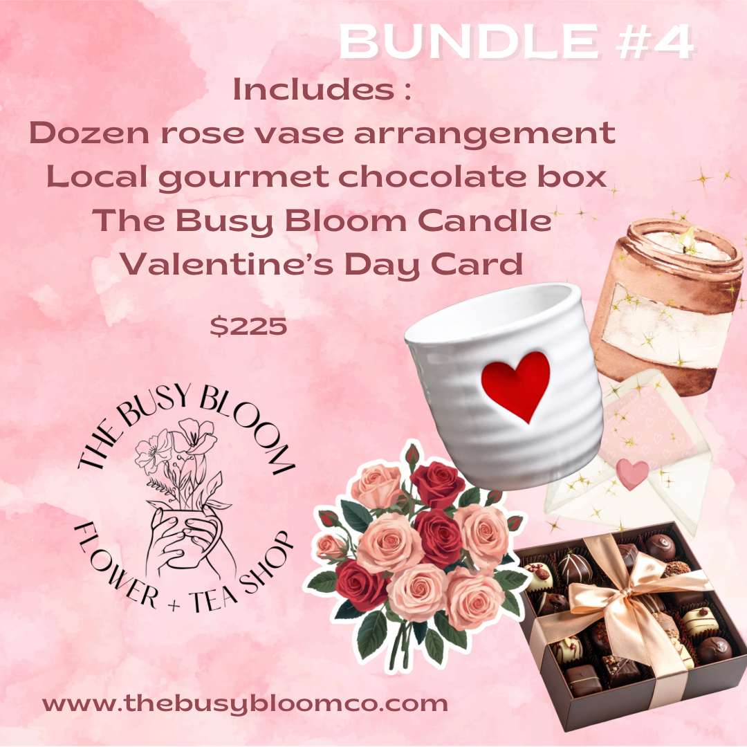 Promotional image of a Valentine's Day gift bundle with a flower arrangement, chocolate box, candle, and card on a pink background.