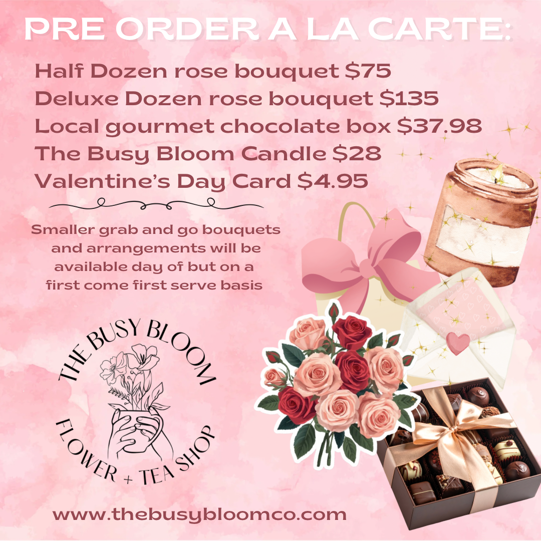 Promotional flyer for The Busy Bloom Flower + Tea Shop with product prices and images on a pink background.