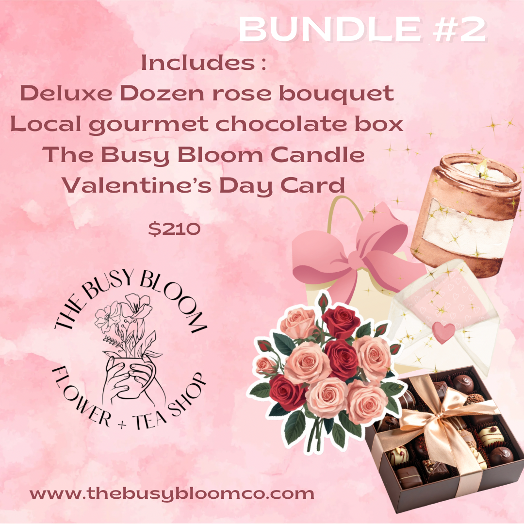 Promotional image of a Valentine's Day gift bundle with flowers, chocolate, and candle on a pink background.