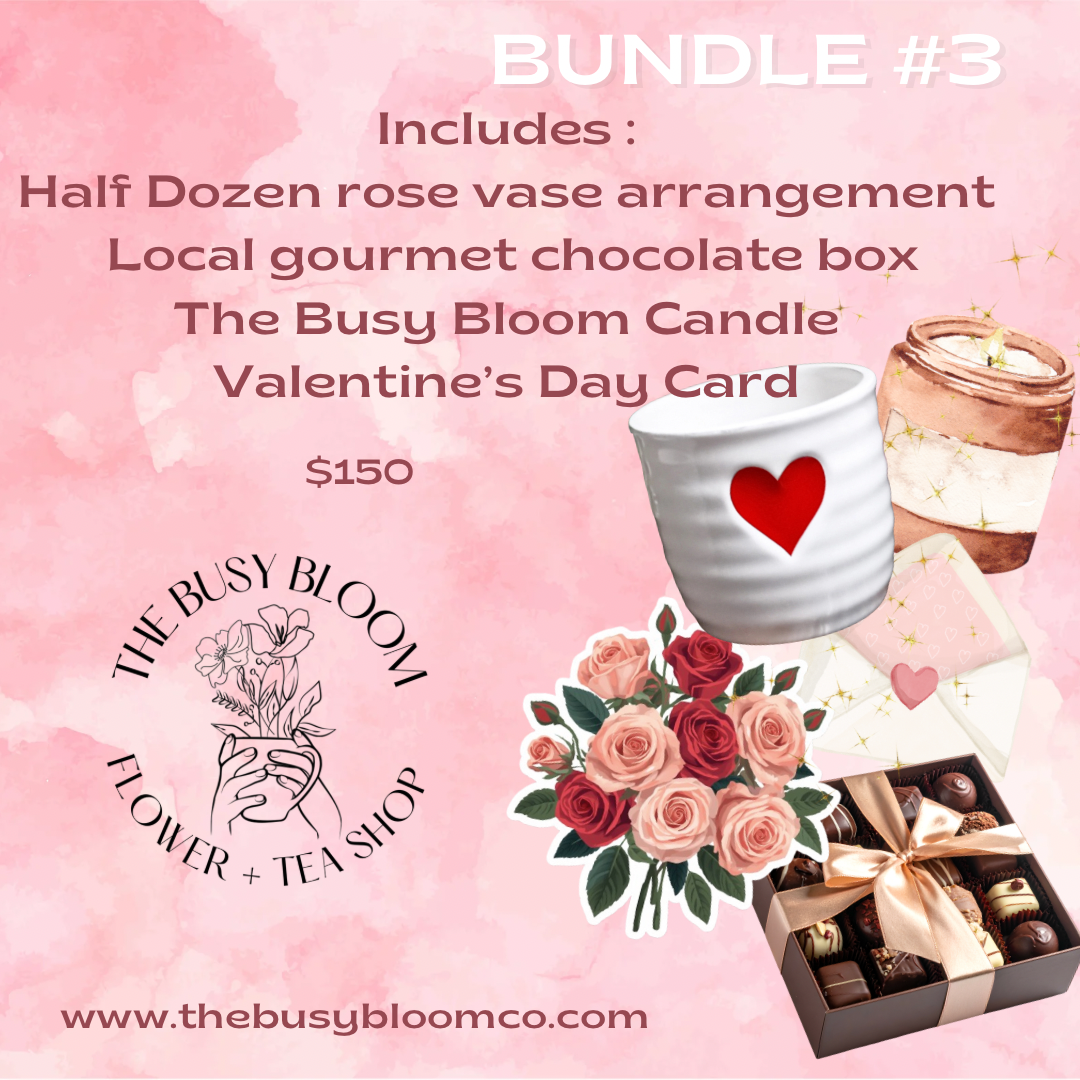 Promotional image of a Valentine's Day bundle with a rose vase arrangement, chocolate box, candle, and card on a pink background.
