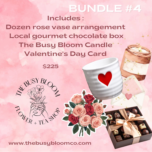 Promotional image of a Valentine's Day gift bundle with a flower arrangement, chocolate box, candle, and card on a pink background.